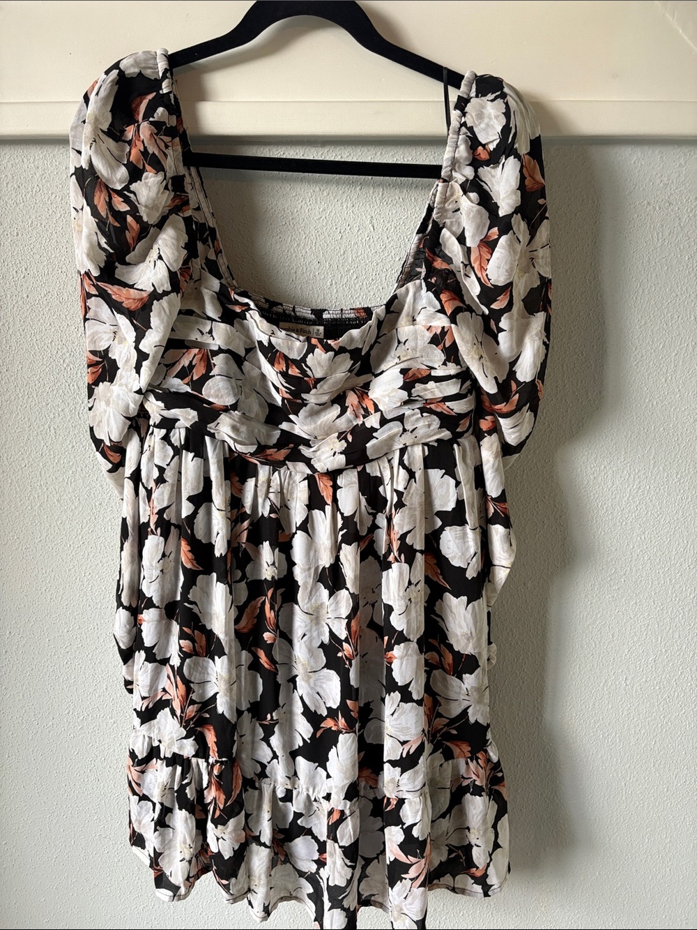 Abercrombie & Fitch Black Floral Mini Dress with White & Peach Blooms